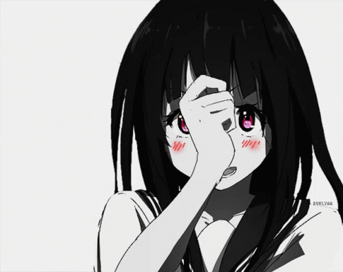 A Black And White Drawing Of A Girl Covering Her Face With Her Hands GIF