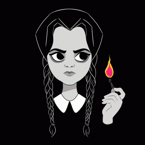 A Black And White Drawing Of A Girl Holding A Burning Match GIF