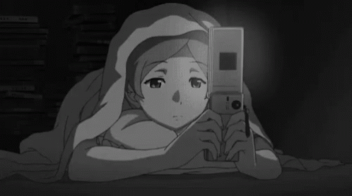 a black and white drawing of a girl laying under a blanket holding a cell phone