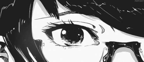 A Black And White Drawing Of A Girl 'S Eyes With The Name Perfiiert Visible GIF
