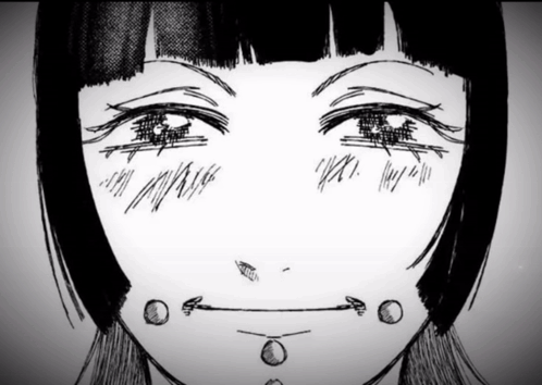 A Black And White Drawing Of A Girl 'S Face With A Smiley Face GIF