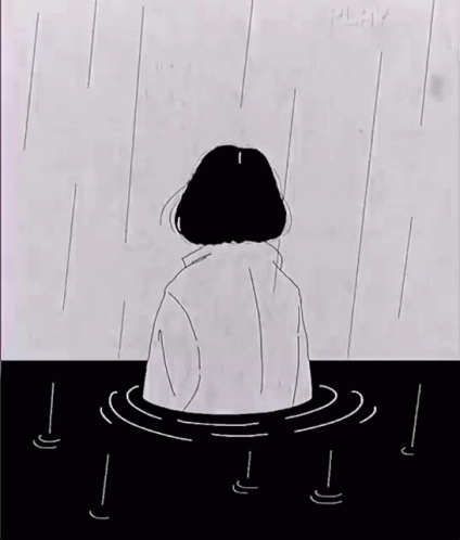 A Black And White Drawing Of A Girl Sitting In The Water In The Rain . GIF