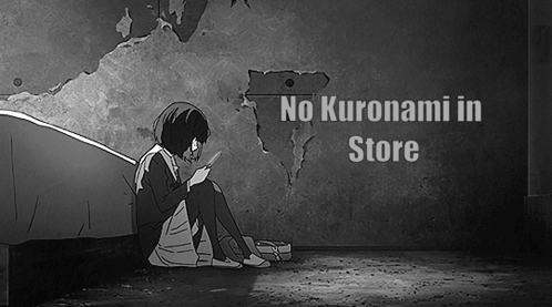 A Black And White Drawing Of A Girl Sitting On The Ground With The Words No Kuronami In Store Above Her GIF