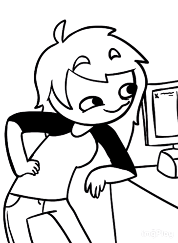 A Black And White Drawing Of A Girl Smiling In Front Of A Computer GIF