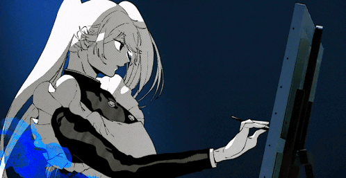 A Black And White Drawing Of A Girl Using A Computer Monitor GIF