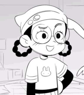 A Black And White Drawing Of A Girl Wearing Glasses And A White Shirt With A Bunny On It GIF