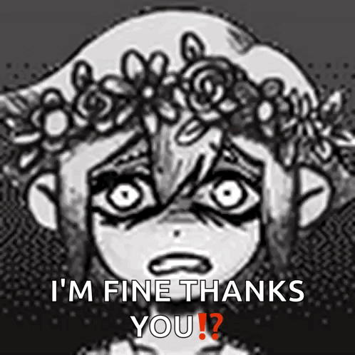 A Black And White Drawing Of A Girl With A Flower Crown On Her Head Says I 'M Fine Thanks You ? GIF