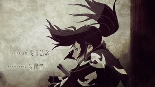 A Black And White Drawing Of A Girl With A Ponytail And A Sword GIF