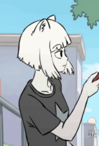 A Black And White Drawing Of A Girl With Cat Ears Holding A Cell Phone GIF
