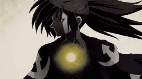A Black And White Drawing Of A Girl With Long Hair And A Yellow Light Behind Her GIF