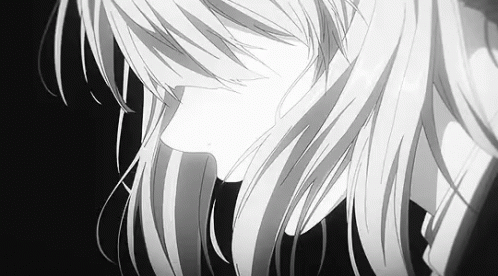 A Black And White Drawing Of A Girl With Long White Hair Covering Her Face . GIF