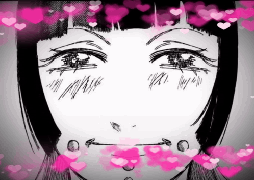 A Black And White Drawing Of A Girl With Pink Hearts Around Her Face GIF