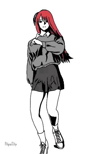 a black and white drawing of a girl with red hair and flipa clip written below her