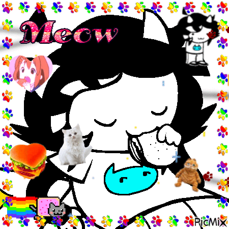 A Black And White Drawing Of A Girl With The Word Meow Written On It GIF