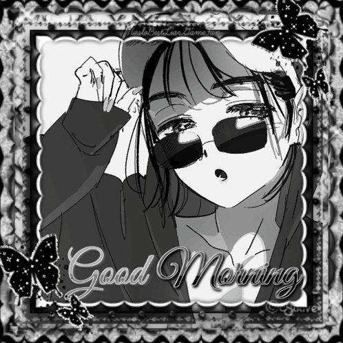 A Black And White Drawing Of A Girl With The Words " Good Morning " On The Bottom GIF