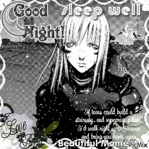 a black and white drawing of a girl with the words good sleep well
