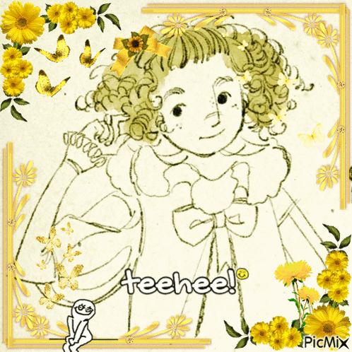 A Black And White Drawing Of A Girl With The Words Teehee On The Bottom GIF