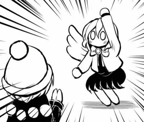A Black And White Drawing Of A Girl With Wings And A Boy In A Hat . GIF