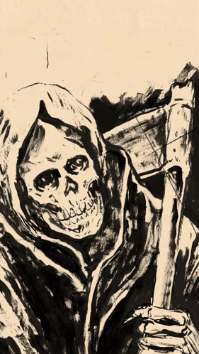 A Black And White Drawing Of A Grim Reaper With A Scythe GIF