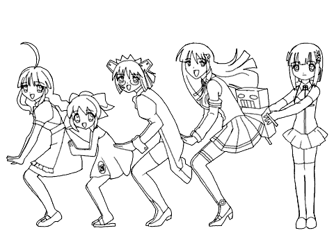 a black and white drawing of a group of anime girls standing next to each other