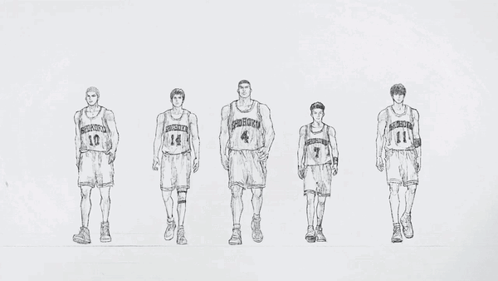 A Black And White Drawing Of A Group Of Basketball Players With The Words Representing Kanagawa Prefecture On The Bottom GIF