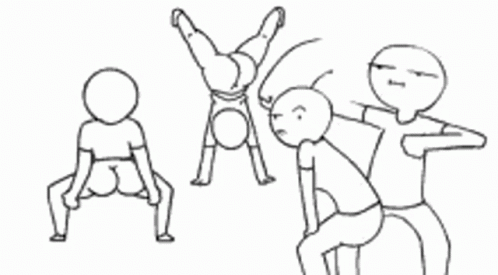 A Black And White Drawing Of A Group Of People Doing A Handstand And Sitting Down . GIF