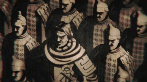 A Black And White Drawing Of A Group Of Soldiers With One Wearing A Circle Around His Neck With The Letter L On It GIF