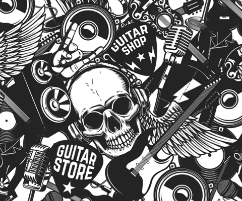 A Black And White Drawing Of A Guitar Shop With A Skull Wearing Headphones And A Guitar GIF
