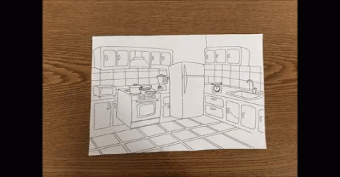 A Black And White Drawing Of A Kitchen With A Refrigerator GIF