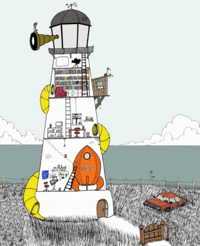 A Black And White Drawing Of A Lighthouse With A Rocket On Top GIF