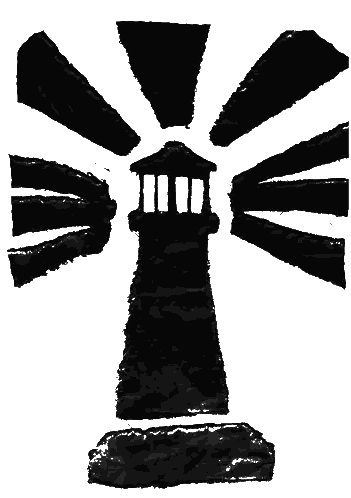 a black and white drawing of a lighthouse with the sun behind it
