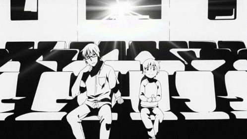 A Black And White Drawing Of A Man And A Child Sitting In A Theater GIF