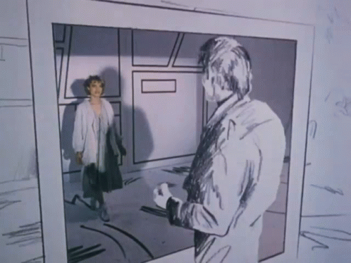 A Black And White Drawing Of A Man And A Woman In A Room GIF