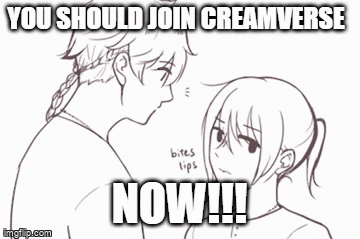 A Black And White Drawing Of A Man And A Woman With A Caption That Says You Should Join Creamverse Now !! GIF