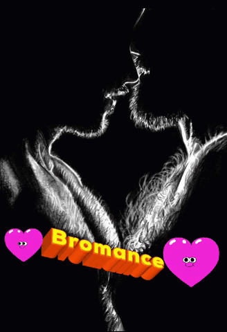 A Black And White Drawing Of A Man And Woman Kissing With The Word Bromance On The Bottom Right GIF