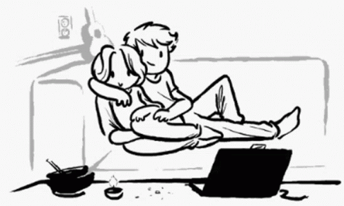 A Black And White Drawing Of A Man And Woman Laying On A Couch With A Laptop On The Floor . GIF
