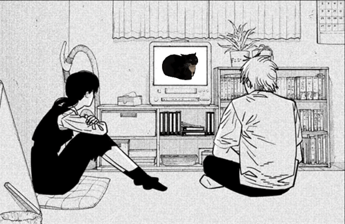 A Black And White Drawing Of A Man And Woman Sitting In Front Of A Tv GIF