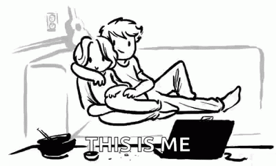 A Black And White Drawing Of A Man And Woman Sitting On A Couch With A Laptop . GIF