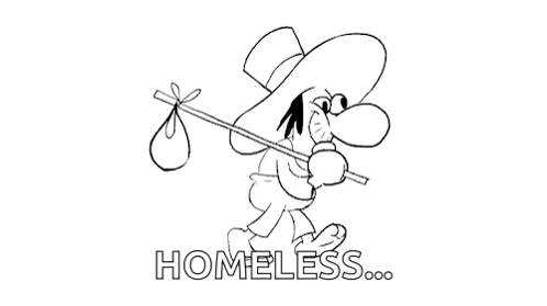 A Black And White Drawing Of A Man Carrying A Bag And The Words Homeless Below Him GIF