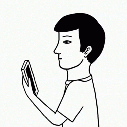 A Black And White Drawing Of A Man Covering His Mouth While Looking At A Phone GIF
