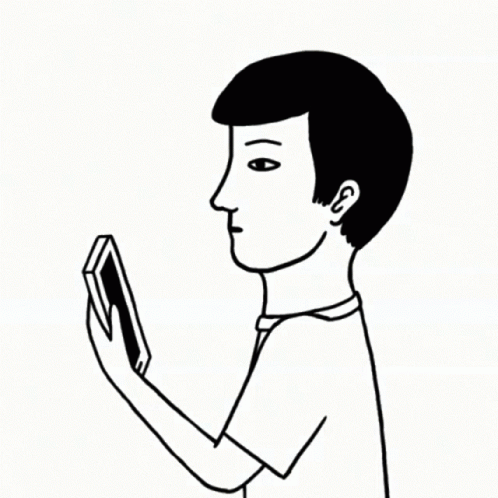 A Black And White Drawing Of A Man Covering His Mouth With His Hand While Looking At A Cell Phone GIF