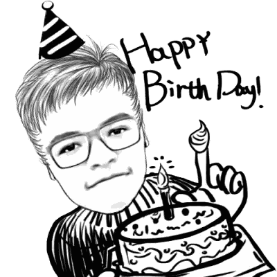 a black and white drawing of a man holding a birthday cake with the words happy birth day written on it