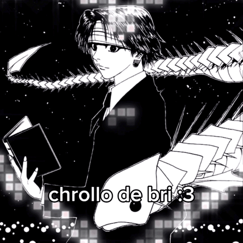 A Black And White Drawing Of A Man Holding A Book And The Words Chrollo De Bri 3 GIF