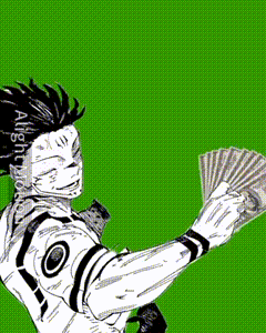 A Black And White Drawing Of A Man Holding A Fan Of Money With The Word Moni Written Above Him GIF