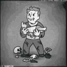 A Black And White Drawing Of A Man Holding A Skull And A Piece Of Paper . GIF