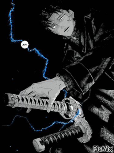 A Black And White Drawing Of A Man Holding A Sword With A Speech Bubble That Says Me GIF