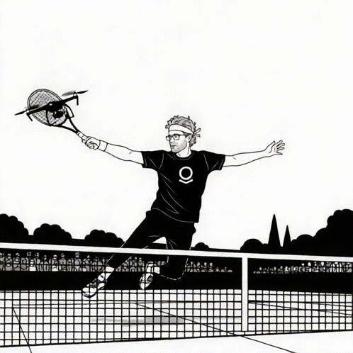 A Black And White Drawing Of A Man Holding A Tennis Racket GIF