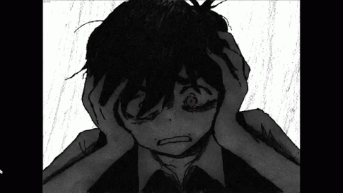 A Black And White Drawing Of A Man Holding His Head GIF