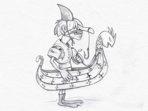 A Black And White Drawing Of A Man In A Boat With A Shark On His Head GIF