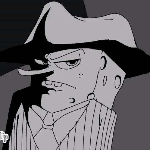 A Black And White Drawing Of A Man In A Fedora Holding A Fan GIF